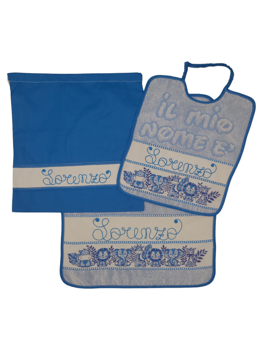 Set asilo 3 pezzi SAFARI personalizzato con NOME cotone 100% Made in Italy in 3 colori